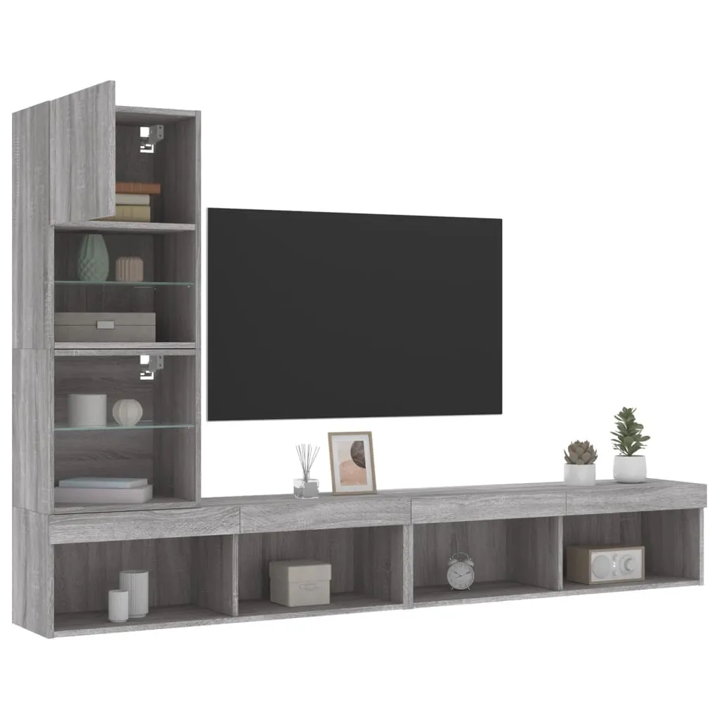 vidaXL Mobili TV a Muro con LED 4pz Grigio Sonoma in Legno Multistrato