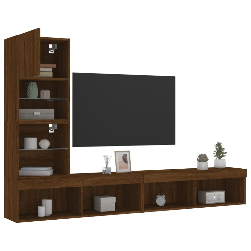 vidaXL Mobili TV a Muro con LED 4pz Rovere Marrone Legno Multistrato