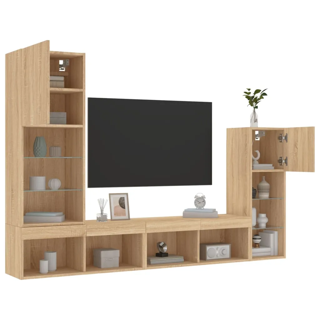 vidaXL Mobili TV a Muro con LED 4pz Rovere Sonoma Legno Multistrato