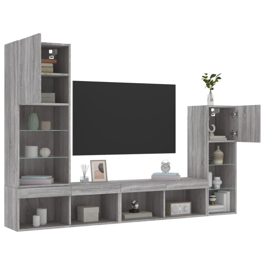 vidaXL Mobili TV a Muro con LED 4pz Grigio Sonoma in Legno Multistrato