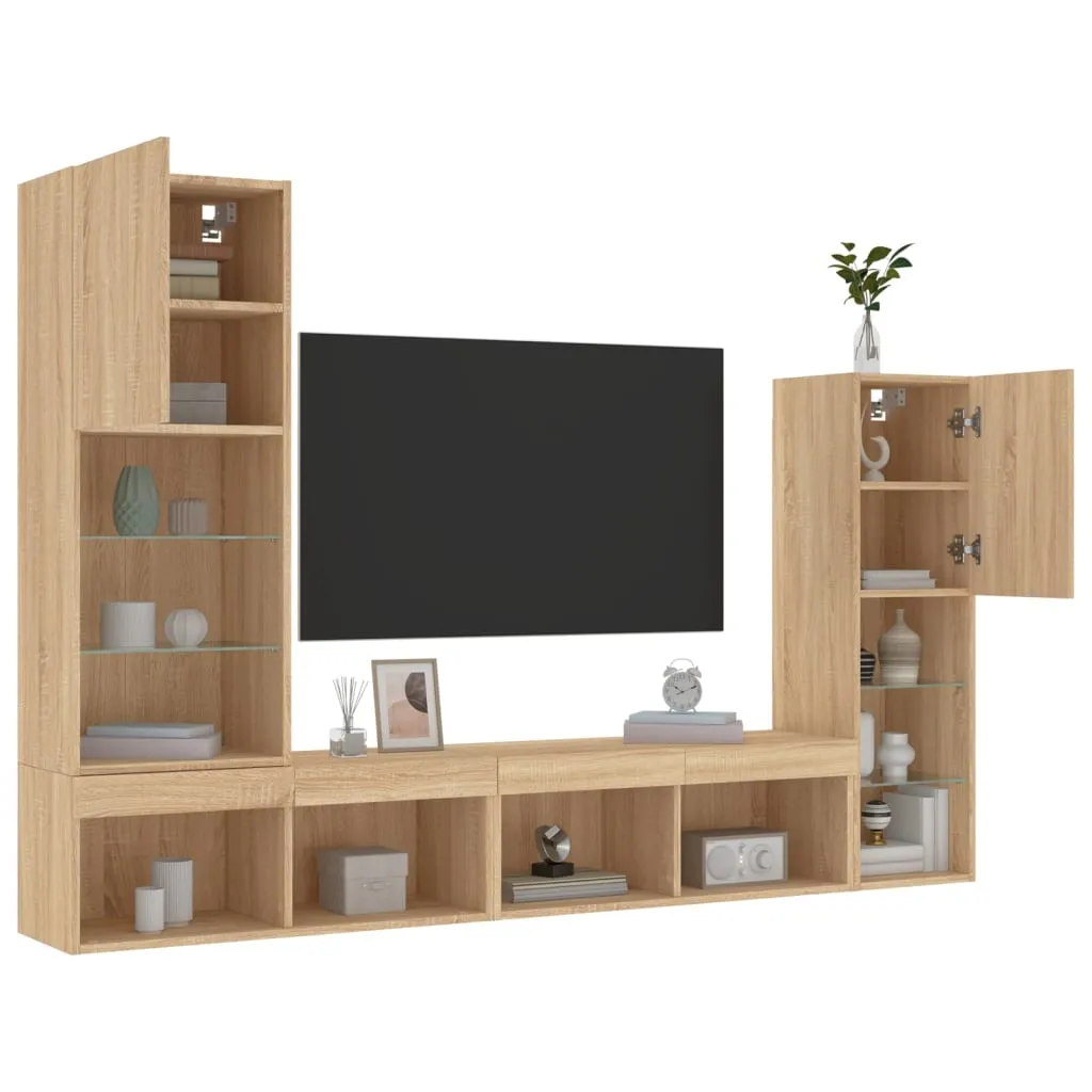 vidaXL Mobili TV a Muro con LED 4pz Rovere Sonoma Legno Multistrato