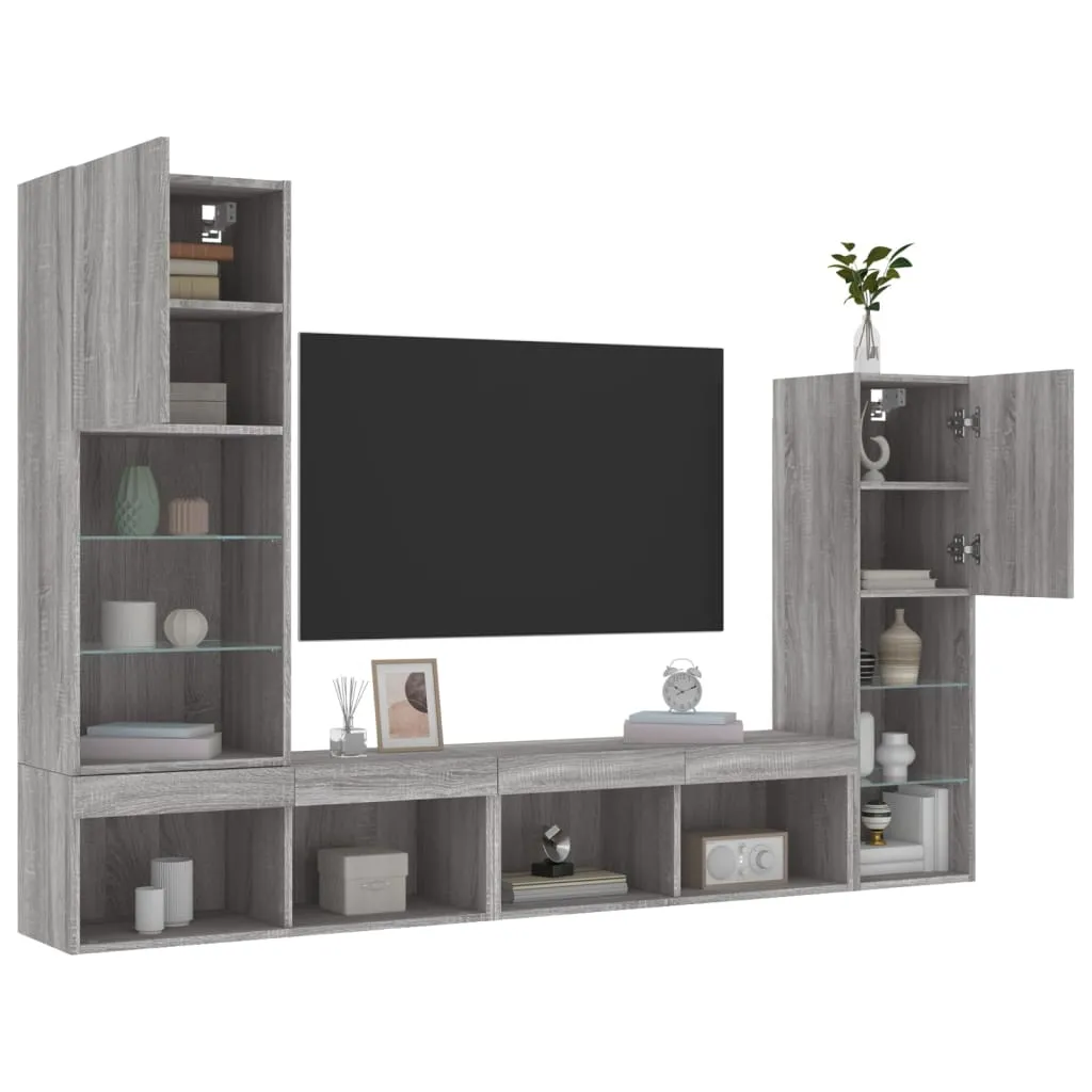 vidaXL Mobili TV a Muro con LED 4pz Grigio Sonoma in Legno Multistrato