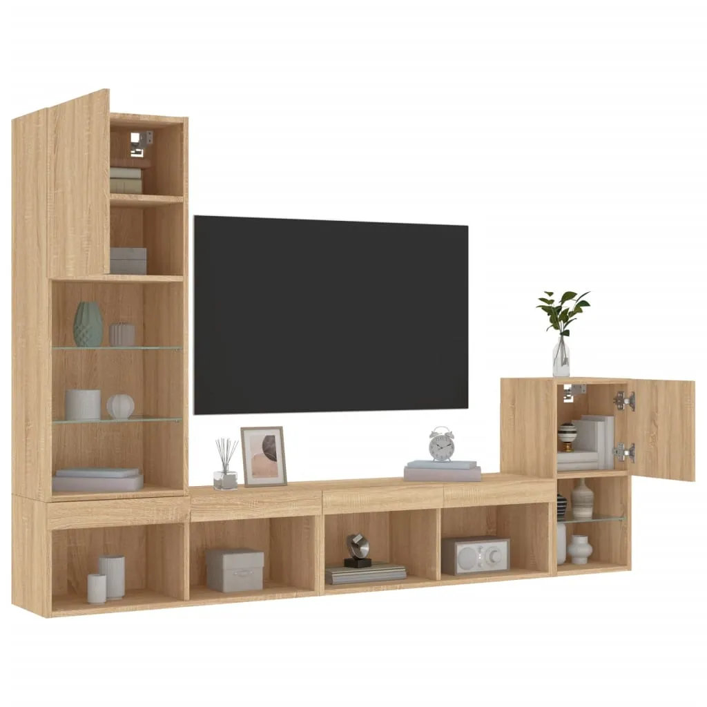 vidaXL Mobili TV a Muro con LED 4pz Rovere Sonoma Legno Multistrato