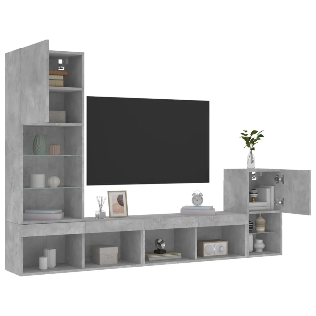 vidaXL Mobili TV a Muro con LED 4pz Grigio Cemento Legno Multistrato