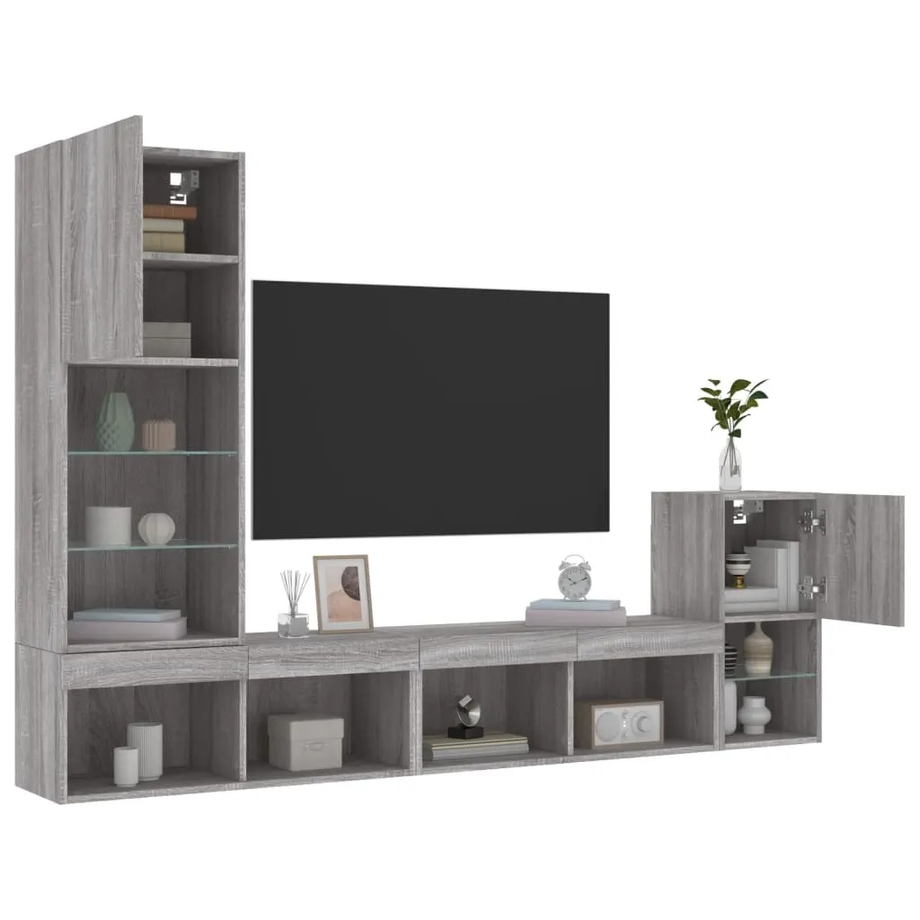 vidaXL Mobili TV a Muro con LED 4pz Grigio Sonoma in Legno Multistrato