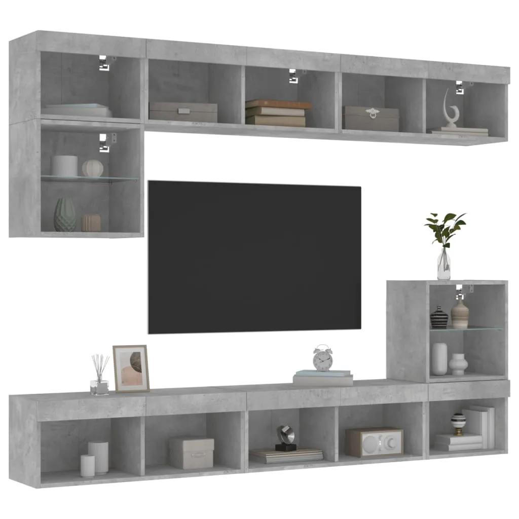 vidaXL Mobili TV a Muro con LED 8pz Grigio Cemento Legno Multistrato