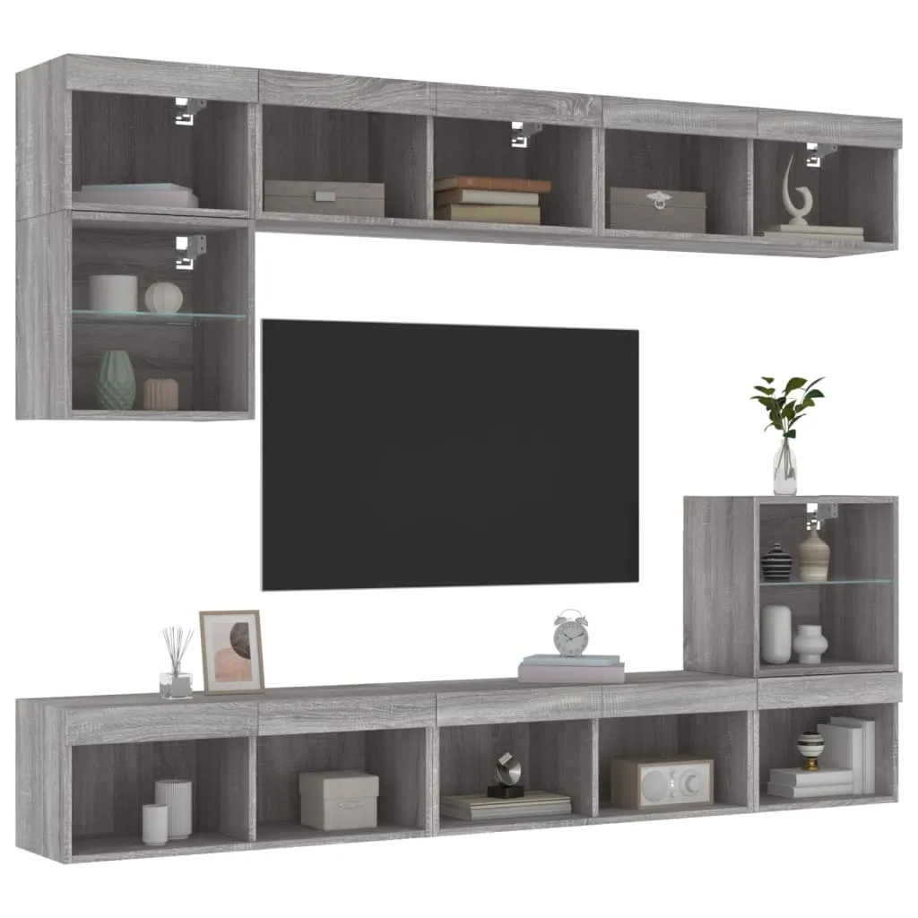 vidaXL Mobili TV a Muro con LED 8pz Grigio Sonoma Legno Multistrato