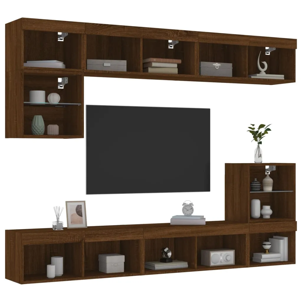 vidaXL Mobili TV a Muro con LED 8pz Rovere Marrone Legno Multistrato