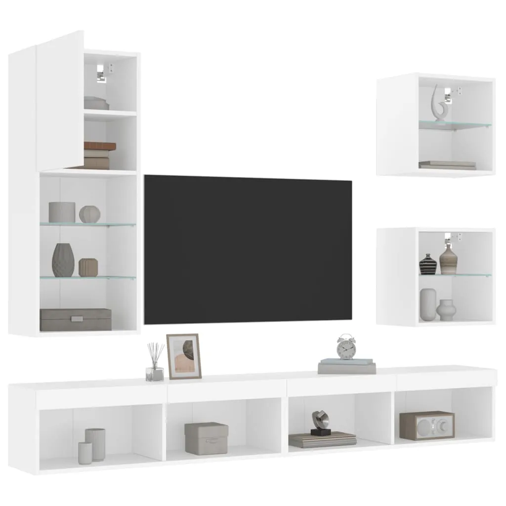 vidaXL Mobili TV a Muro con LED 5pz Bianchi in Legno Multistrato