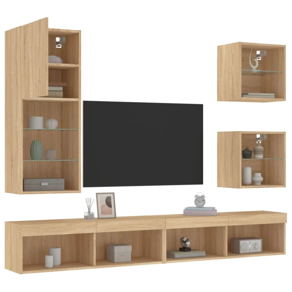 vidaXL Mobili TV a Muro con LED 5pz Rovere Sonoma Legno Multistrato