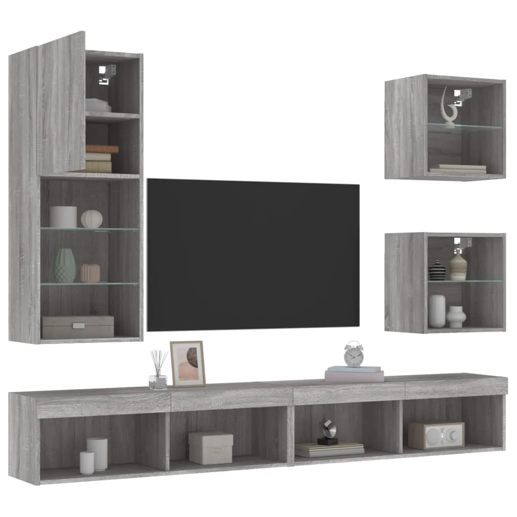 vidaXL Mobili TV a Muro con LED 5pz Grigio Sonoma in Legno Multistrato