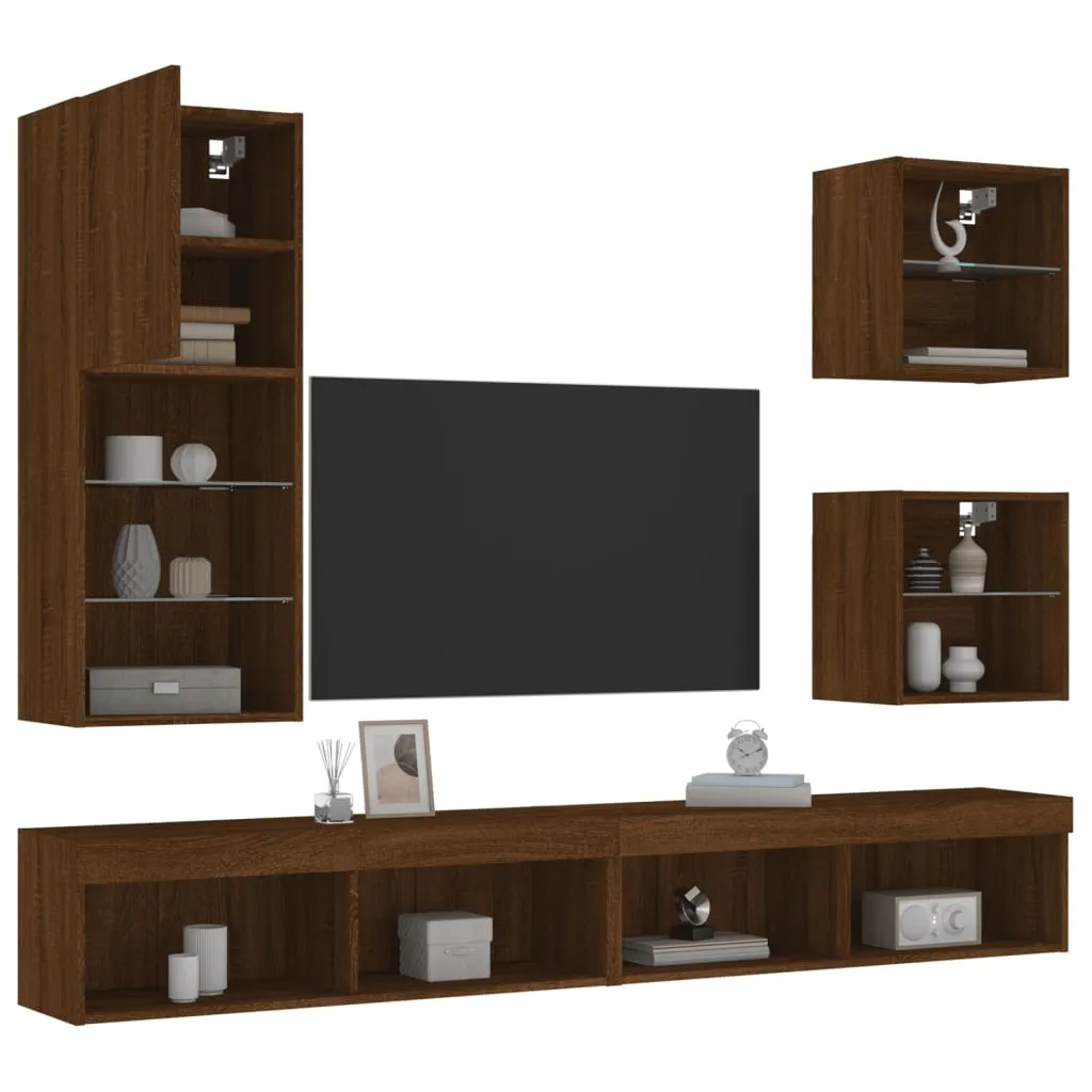 vidaXL Mobili TV a Muro con LED 5pz Rovere Marrone Legno Multistrato