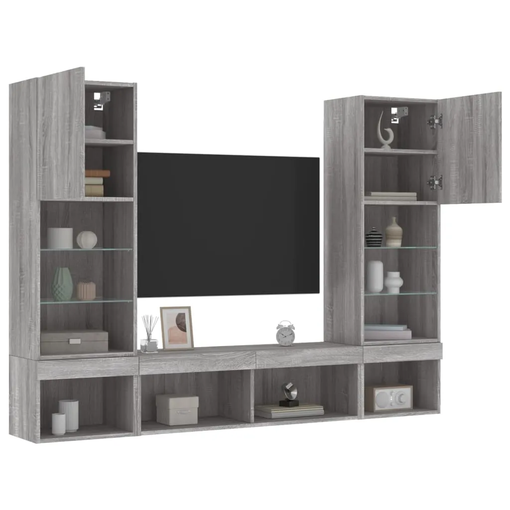 vidaXL Mobili TV a Muro con LED 5pz Grigio Sonoma in Legno Multistrato