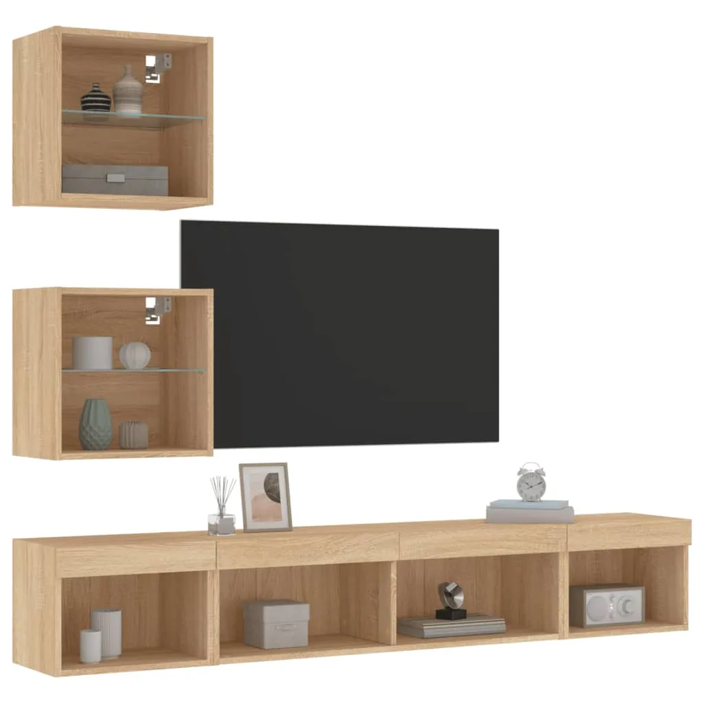 vidaXL Mobili TV a Muro con LED 5pz Rovere Sonoma Legno Multistrato