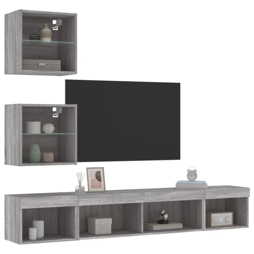 vidaXL Mobili TV a Muro con LED 5pz Grigio Sonoma in Legno Multistrato