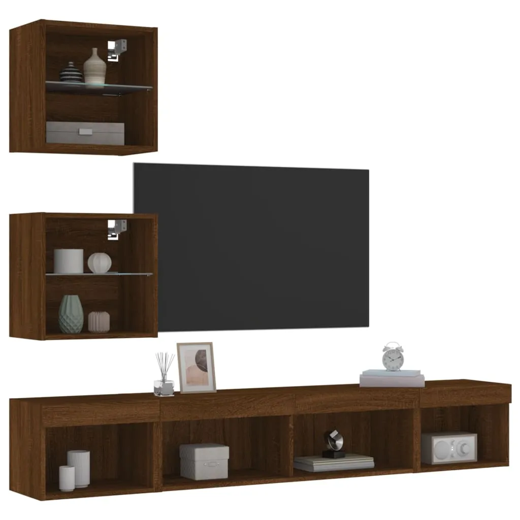 vidaXL Mobili TV a Muro con LED 5pz Rovere Marrone Legno Multistrato