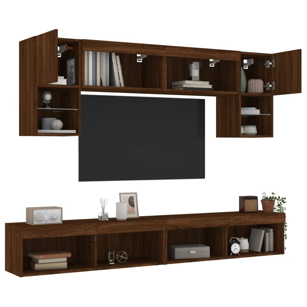 vidaXL Mobili TV a Muro con LED 6pz Rovere Marrone Legno Multistrato