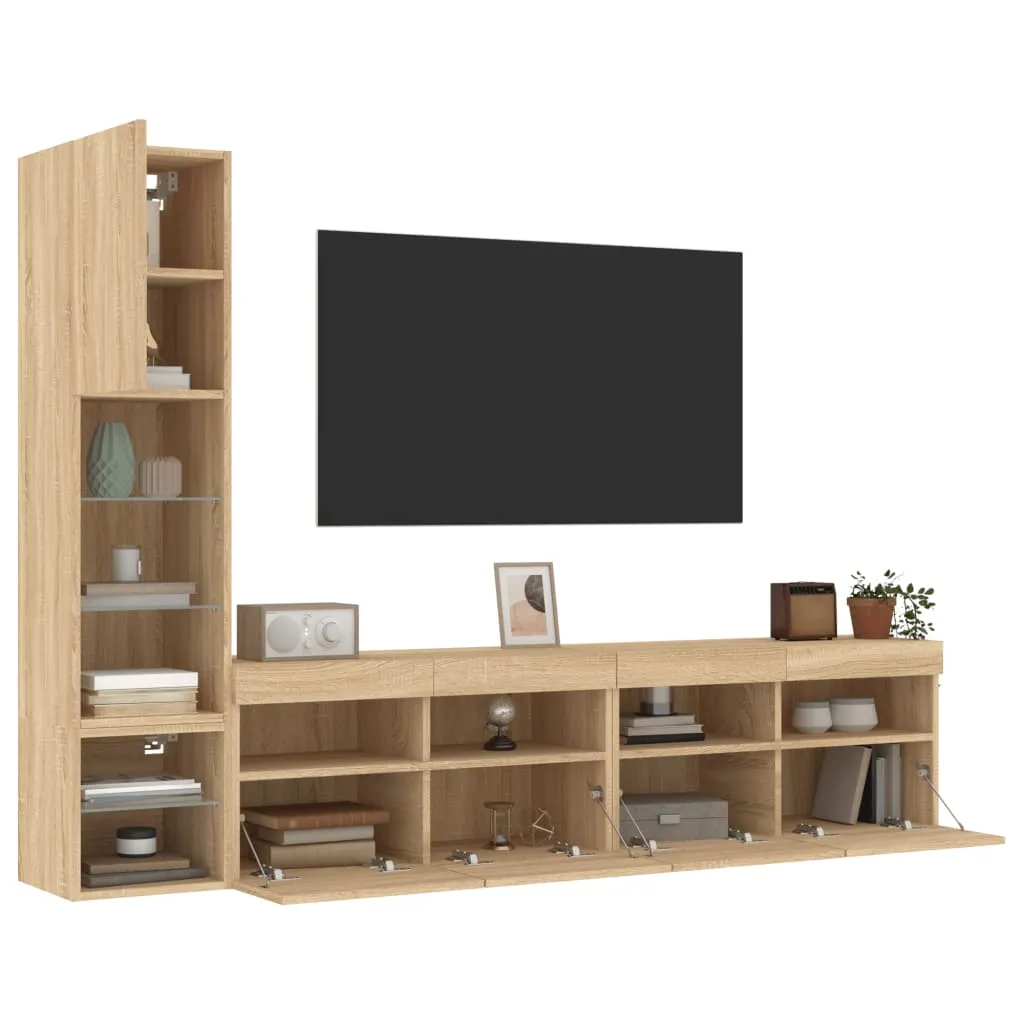 vidaXL Mobili TV a Muro con LED 4pz Rovere Sonoma Legno Multistrato