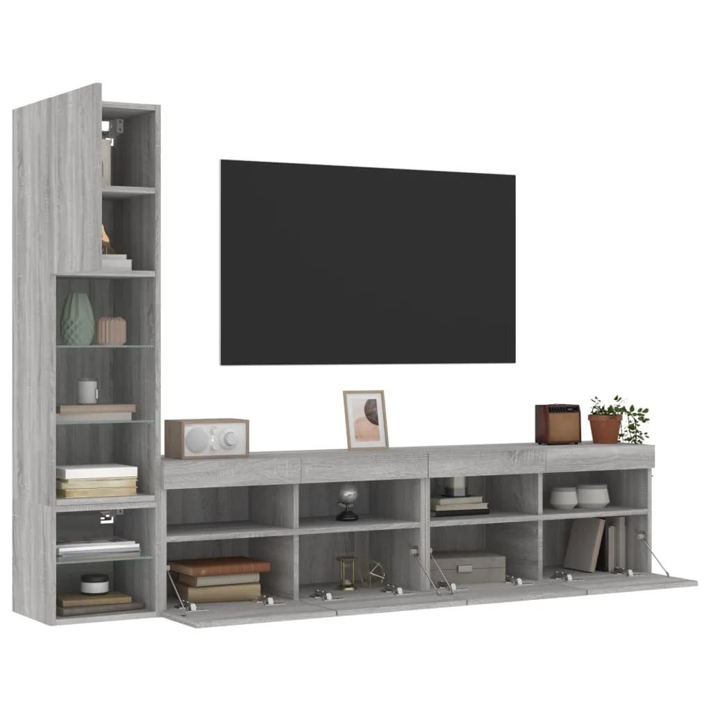 vidaXL Mobili TV a Muro con LED 4pz Grigio Sonoma in Legno Multistrato