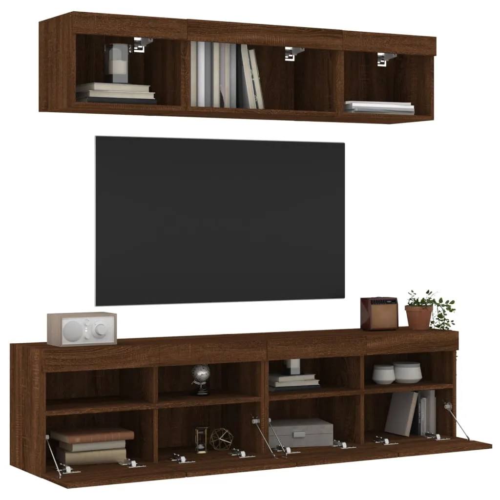 vidaXL Mobili TV a Muro con LED 5pz Rovere Marrone Legno Multistrato