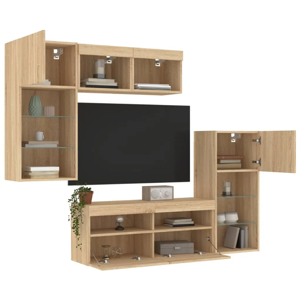 vidaXL Mobili TV a Muro con LED 5pz Rovere Sonoma Legno Multistrato