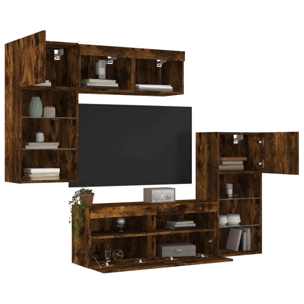 vidaXL Mobili TV a Muro con LED 5pz Rovere Fumo in Legno Multistrato