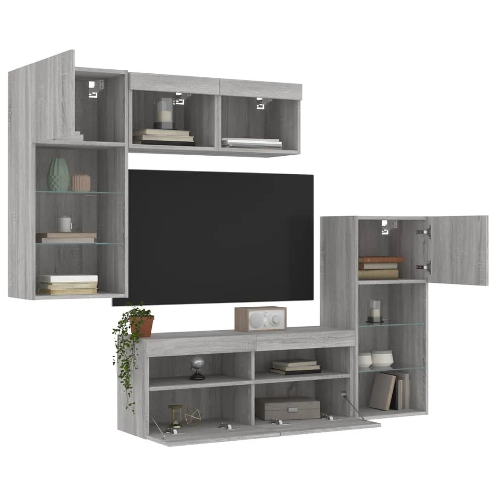 vidaXL Mobili TV a Muro con LED 5pz Grigio Sonoma in Legno Multistrato