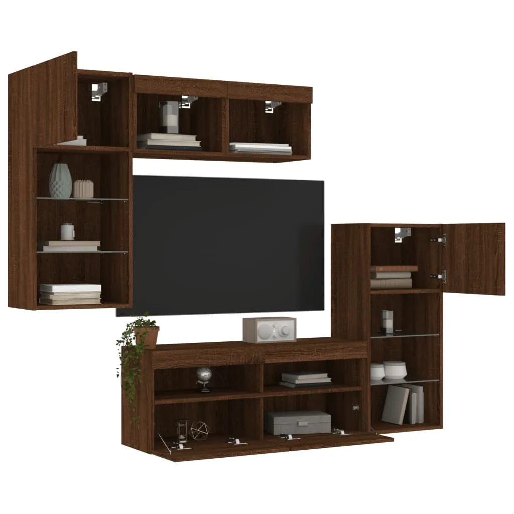 vidaXL Mobili TV a Muro con LED 5pz Rovere Marrone Legno Multistrato