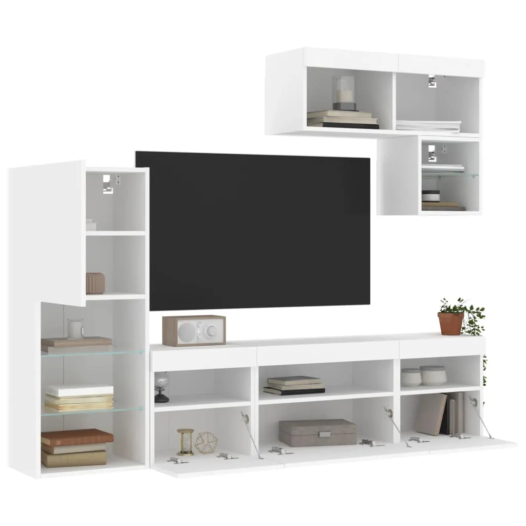 vidaXL Mobili TV a Muro con LED 6pz Bianchi in Legno Multistrato