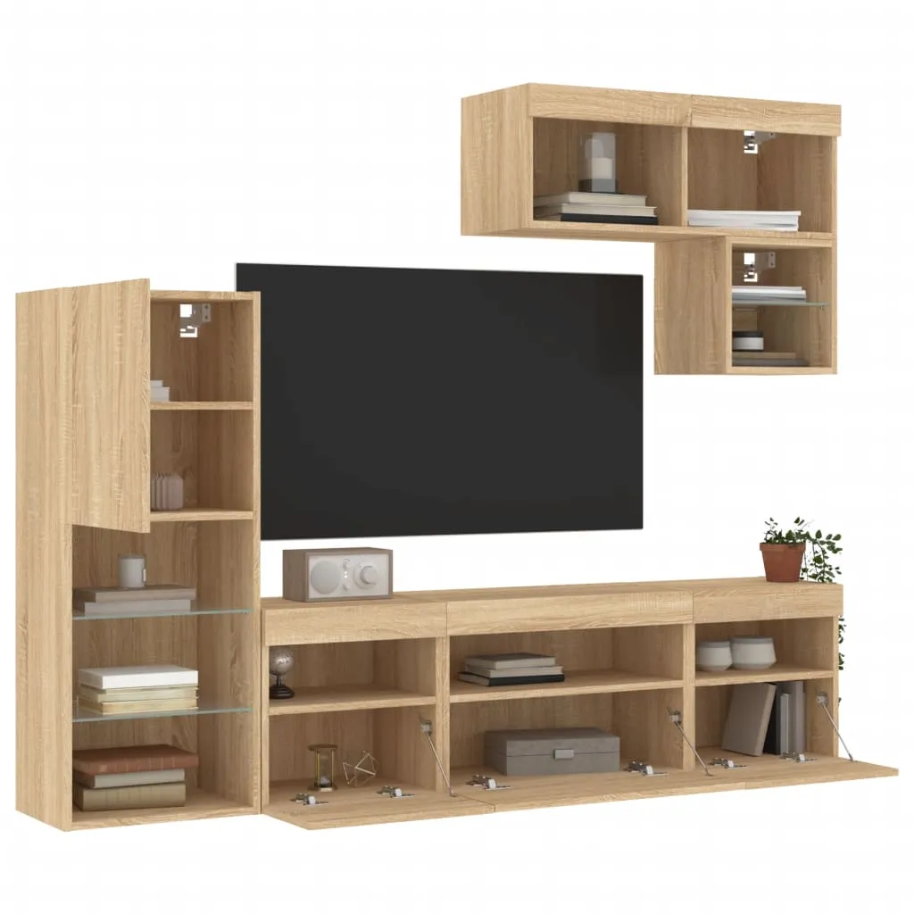 vidaXL Mobili TV a Muro con LED 6pz Rovere Sonoma Legno Multistrato