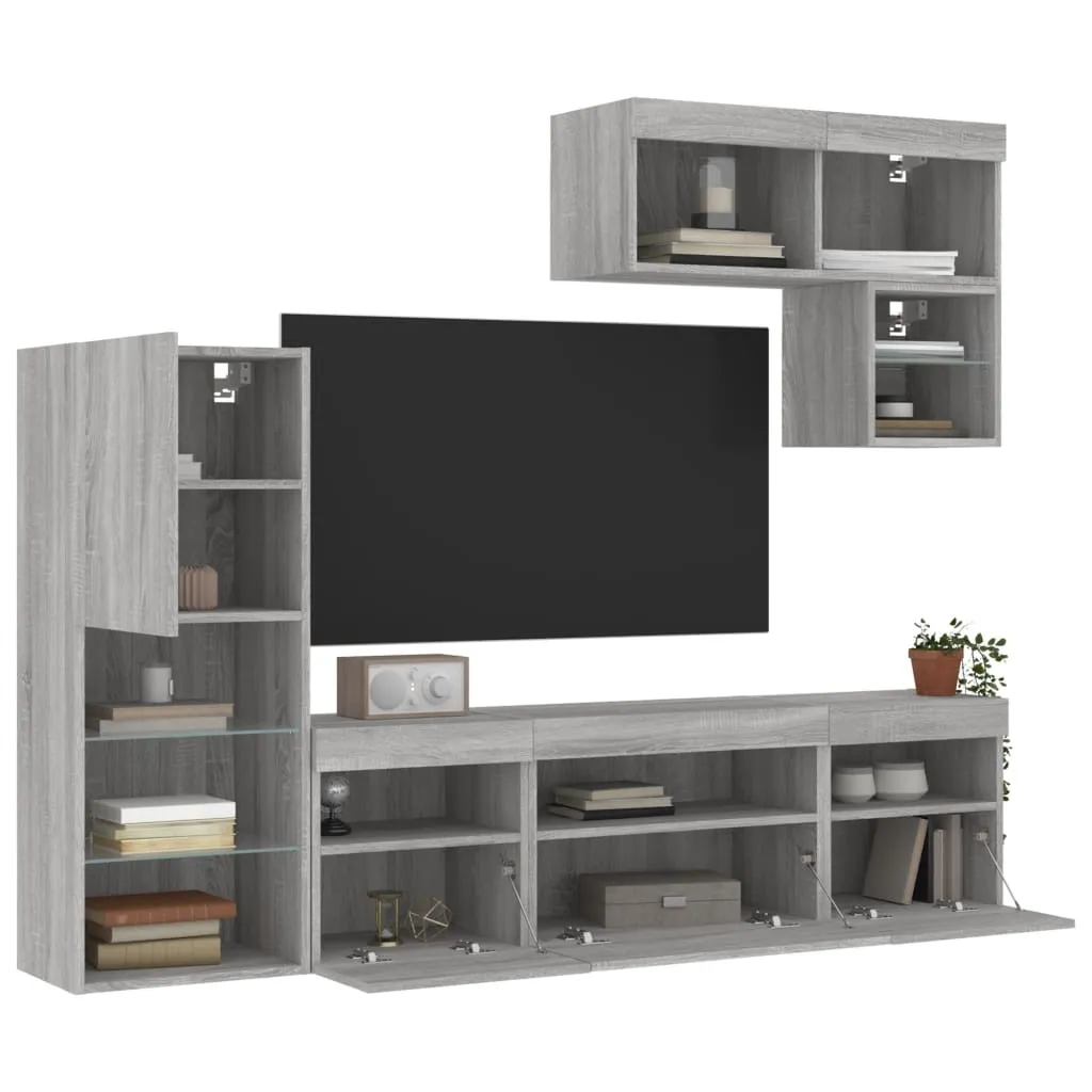 vidaXL Mobili TV a Muro con LED 6pz Grigio Sonoma Legno Multistrato