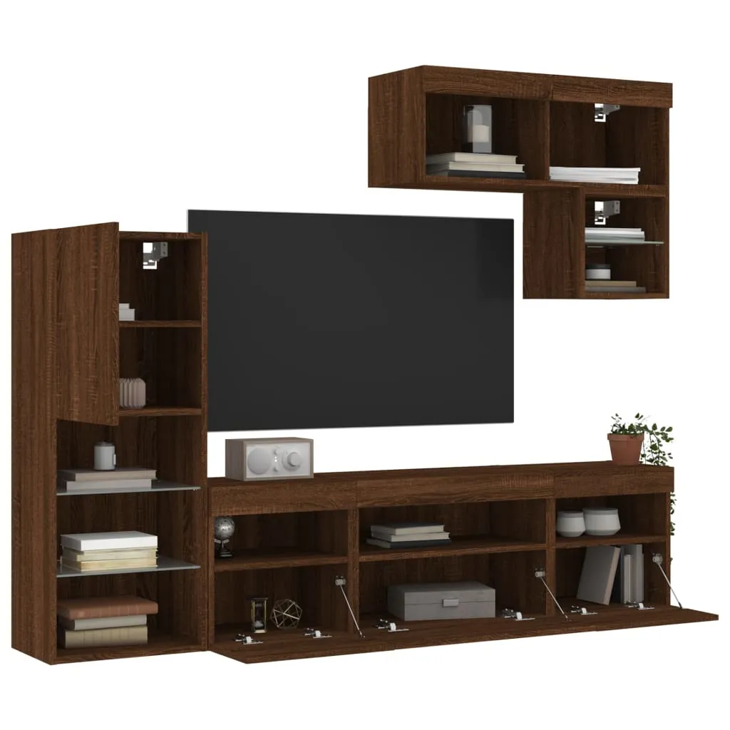 vidaXL Mobili TV a Muro con LED 6pz Rovere Marrone Legno Multistrato