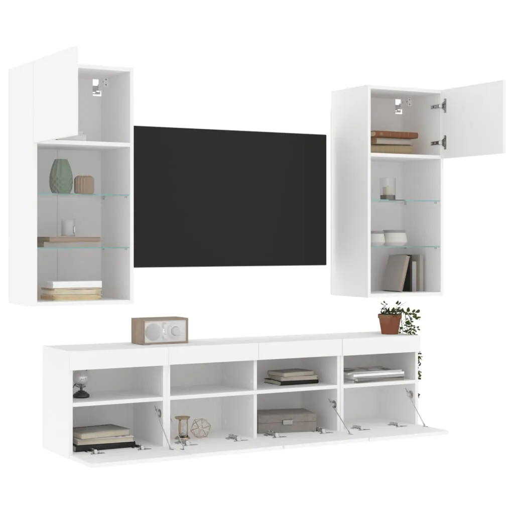 vidaXL Mobili TV a Muro con LED 5pz Bianchi in Legno Multistrato