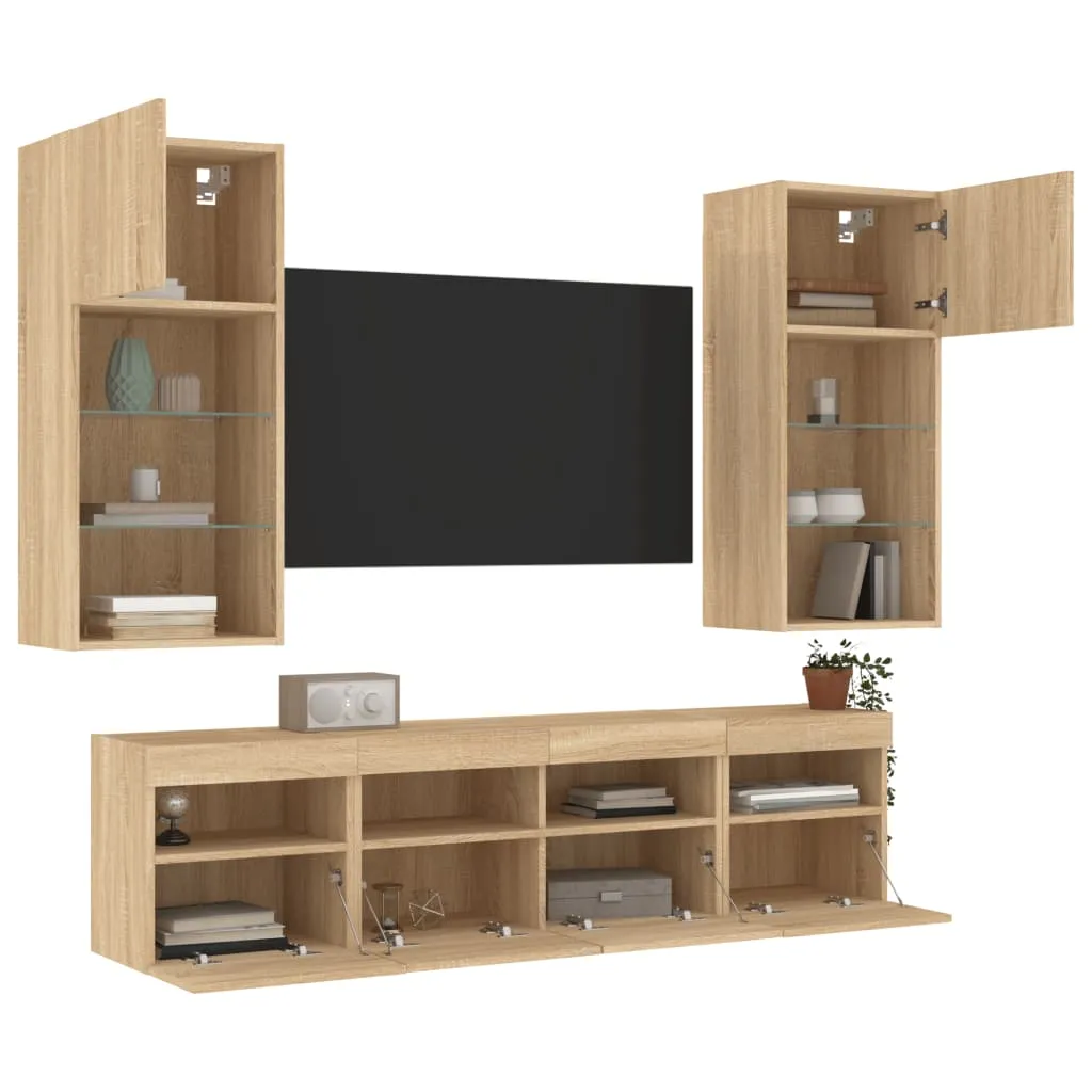 vidaXL Mobili TV a Muro con LED 5pz Rovere Sonoma Legno Multistrato