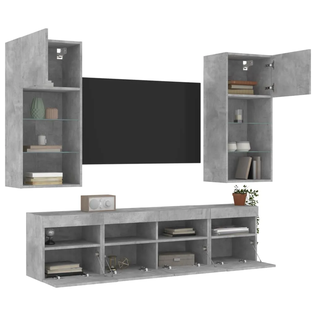 vidaXL Mobili TV a Muro con LED 5pz Grigio Cemento Legno Multistrato