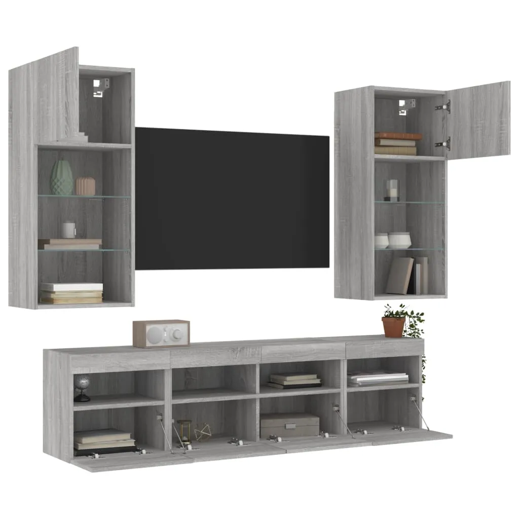 vidaXL Mobili TV a Muro con LED 5pz Grigio Sonoma in Legno Multistrato