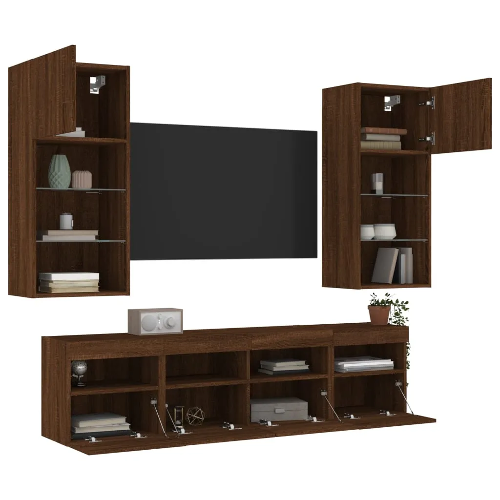 vidaXL Mobili TV a Muro con LED 5pz Rovere Marrone Legno Multistrato