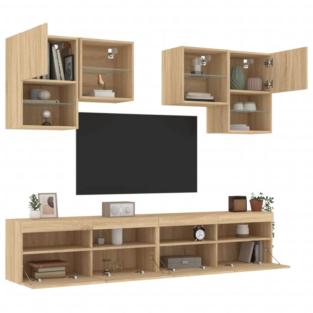 vidaXL Set Mobili TV a Muro 6 pz con Luci LED Rovere Sonoma