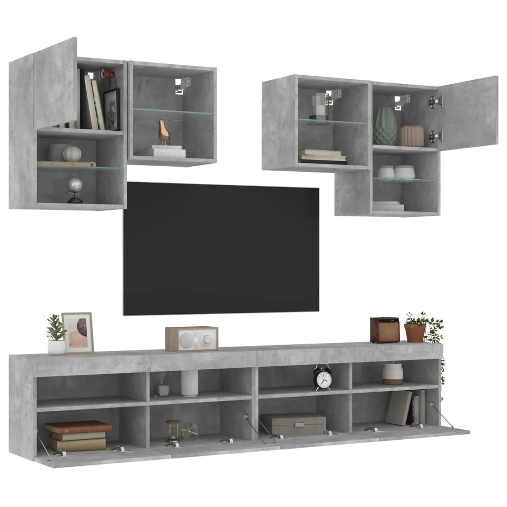 vidaXL Set Mobili TV a Muro 6 pz con Luci LED Grigio Cemento