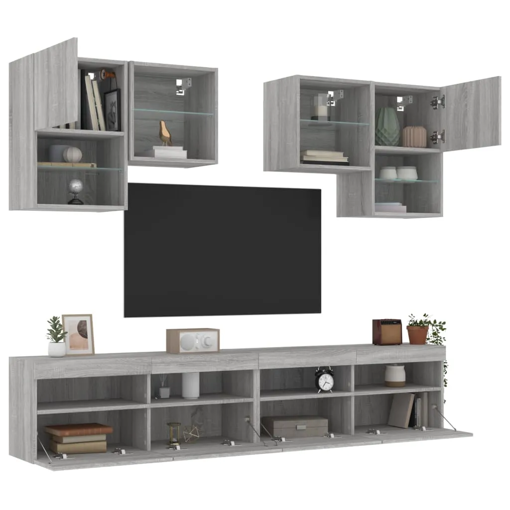 vidaXL Set Mobili TV a Muro 6 pz con Luci LED Grigio Sonoma