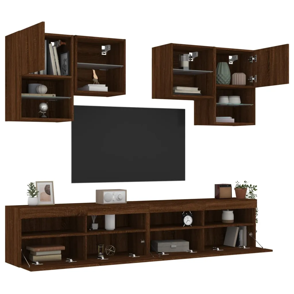 vidaXL Set Mobili TV a Muro 6 pz con Luci LED Rovere Marrone