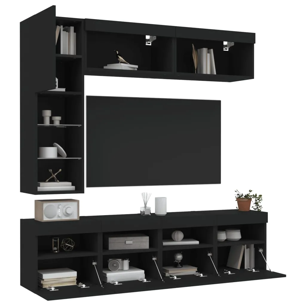 vidaXL Set Mobili TV a Muro 7 pz con Luci LED Nero