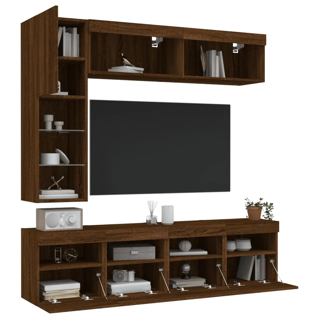 vidaXL Set Mobili TV a Muro 7 pz con Luci LED Rovere Marrone