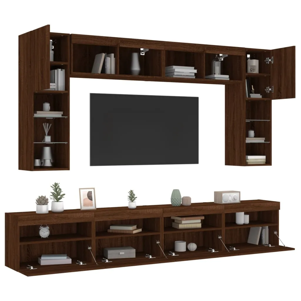 vidaXL Set Mobili TV a Muro 8 pz con Luci LED Rovere Marrone