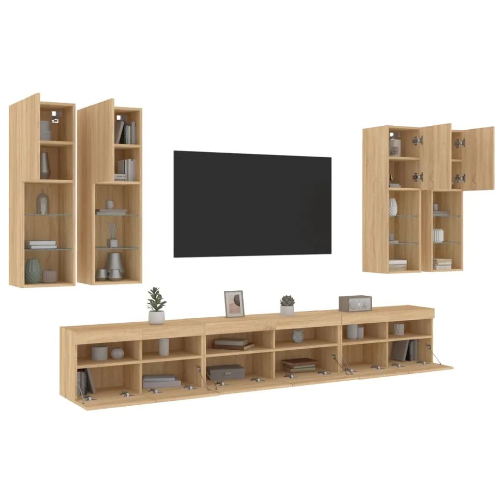 vidaXL Set Mobili TV a Muro 7 pz con Luci LED Rovere Sonoma