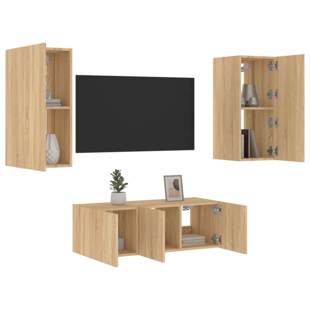 vidaXL Mobili TV a Muro con LED 4pz Rovere Sonoma Legno Multistrato