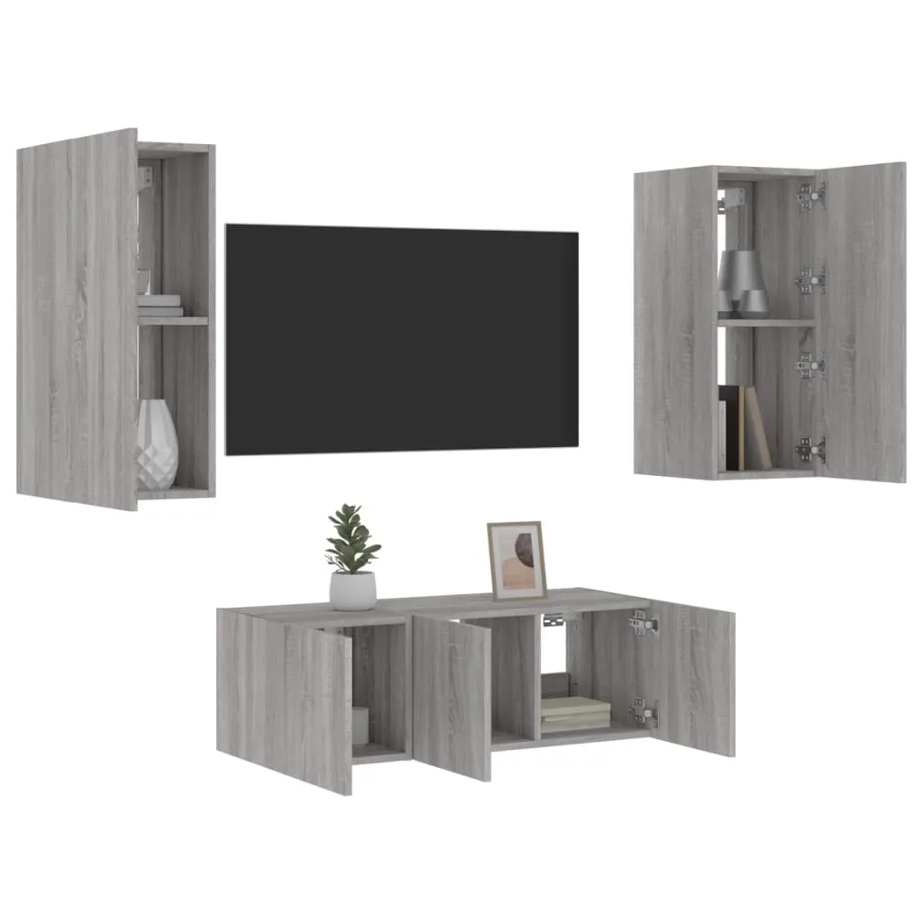 vidaXL Mobili TV a Muro con LED 4pz Grigio Sonoma in Legno Multistrato