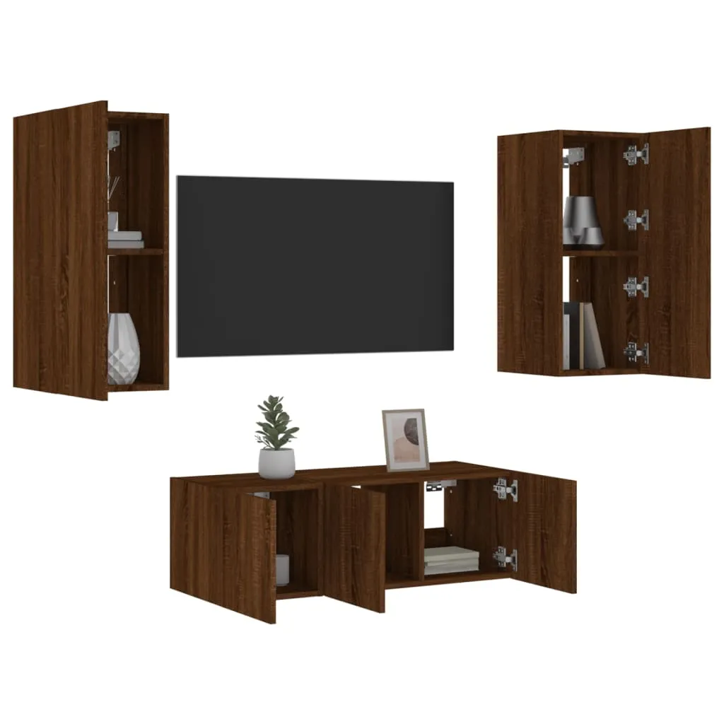 vidaXL Mobili TV a Muro con LED 4pz Rovere Marrone Legno Multistrato