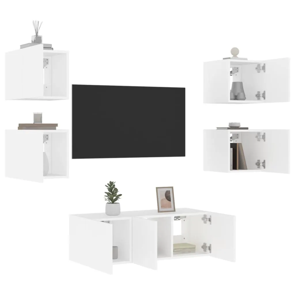 vidaXL Mobili TV a Muro con LED 6pz Bianchi in Legno Multistrato