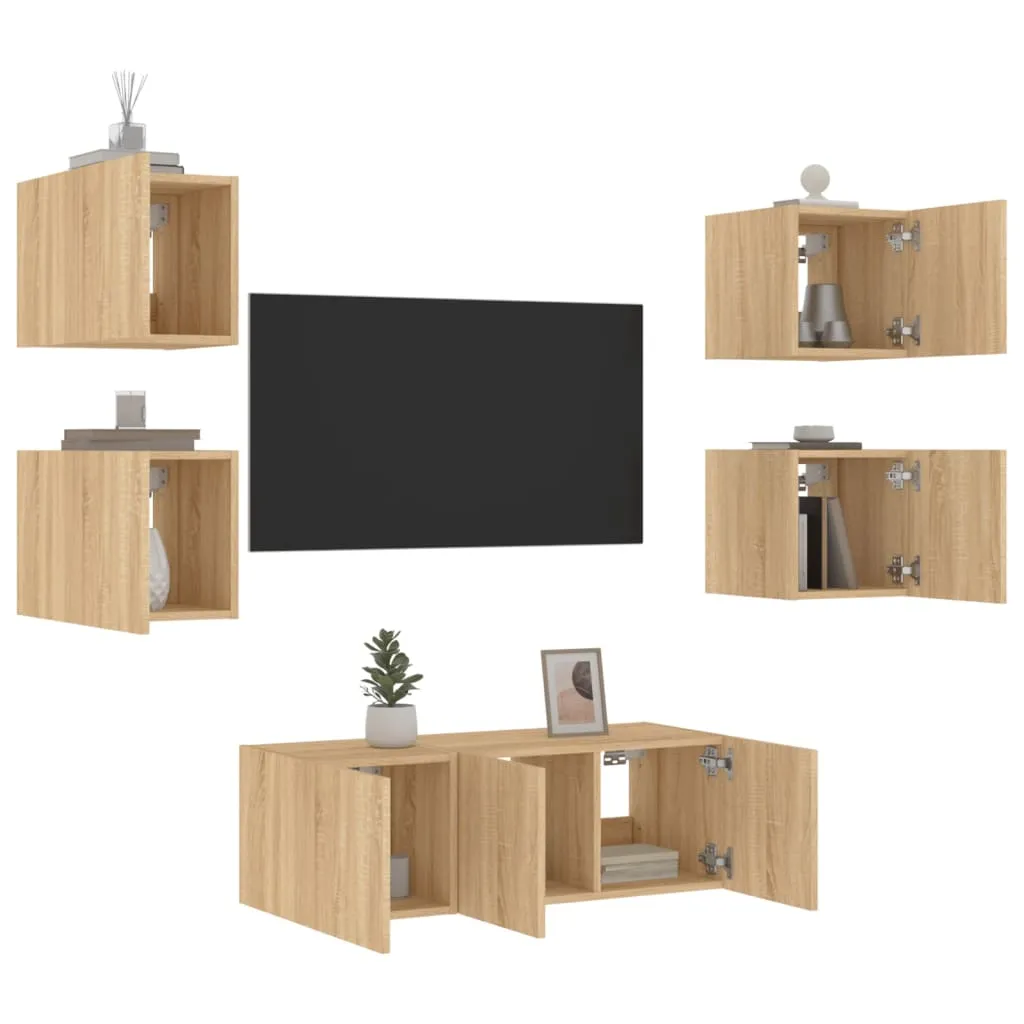 vidaXL Mobili TV a Muro con LED 6pz Rovere Sonoma Legno Multistrato